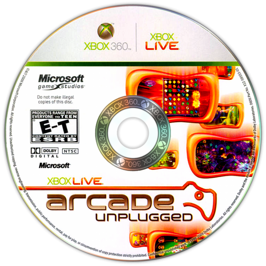 Xbox Live Arcade Unplugged Volume 1 Xbox 360 compilation game featuring a collection of classic Xbox Live Arcade titles playable on the go with Xbox 360 Portable (commonly bundled with original Xbox 360 Portable units), including retro favorites like Pac-Man Championship Edition, Geometry Wars: Retro Evolved, Toy Soldiers, Hexic, and other downloadable hits — arcade-style mini games and multiplayer fun in one portable compilation. disc