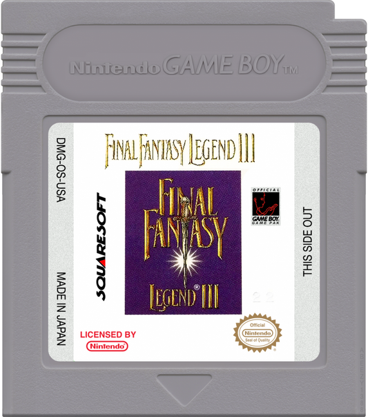 Final Fantasy Legend III Game Boy turn-based RPG SaGa series time travel story party system robot mutant human classes cartridge art