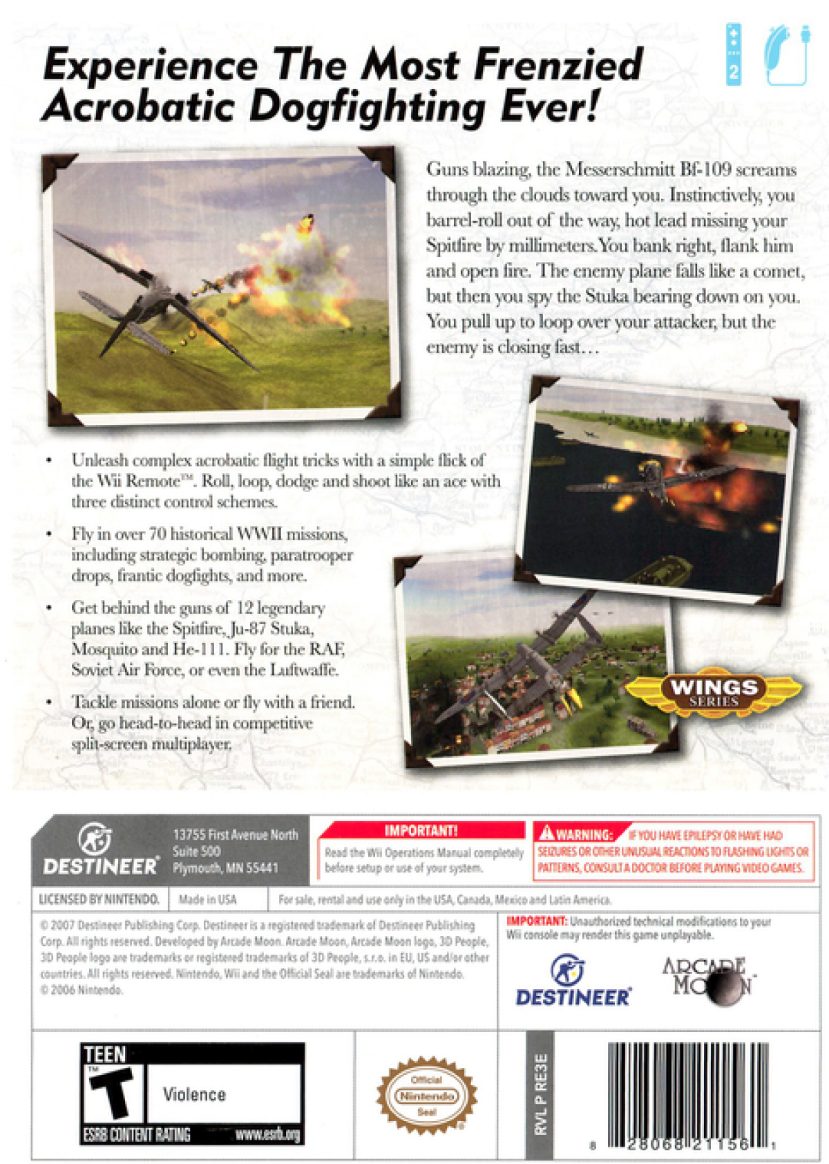 WWII Aces back cover art for Nintendo Wii (Wii) featuring aerial combat gameplay with historic World War II fighter planes, intense dogfights, and mission‑based campaigns across European battlefronts.