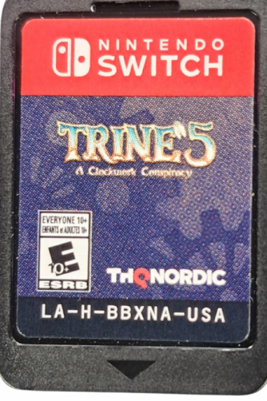 Trine 5 A Clockwork Conspiracy Nintendo Switch inspired design featuring fantasy puzzle platform adventure aesthetic magical heroes cooperative gameplay intricate clockwork contraptions physics based challenges enchanting storybook worlds and colorful action exploration presentation cartrdige