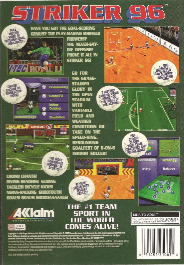 Striker '96 back of case for PlayStation 1 (PS1) soccer sports video game