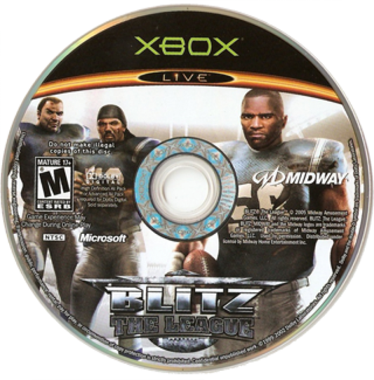 Blitz The League Microsoft Xbox Original Xbox video game featuring arcade football gameplay hard hitting tackles aggressive competition team management career mode player customization and intense sports action retro video game collection collectible gaming appeal disc