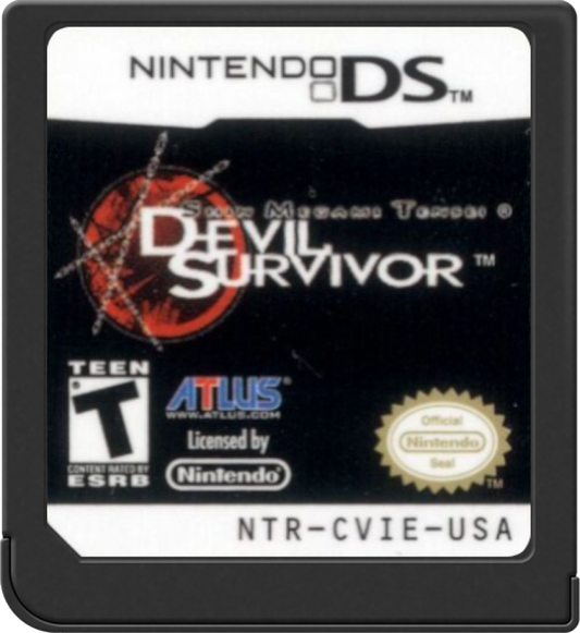 Shin Megami Tensei Devil Survivor game for the Nintendo DS featuring tactical RPG gameplay with grid based battles demon fusion systems branching story paths and apocalyptic themes set in modern Tokyo cartridge
