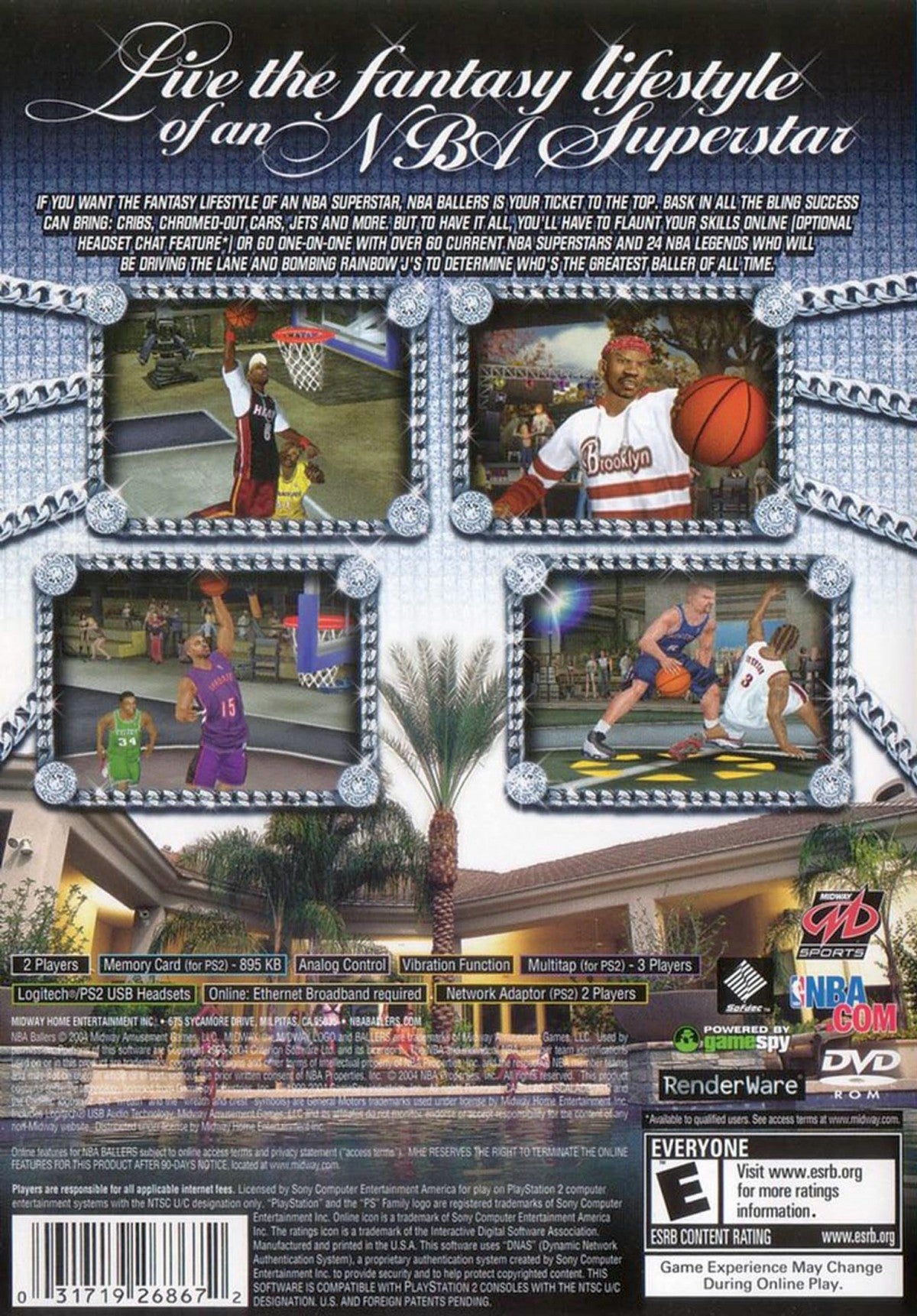 NBA Ballers PlayStation 2 PS2 for retro video game enthusiasts featuring arcade style basketball gameplay one on one streetball action authentic NBA players flashy trick moves competitive multiplayer challenges and collectible gaming appeal back cover art