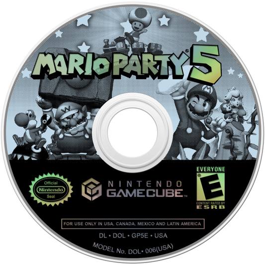 Mario Party 5 game for the Nintendo GameCube featuring party style gameplay with board game mechanics mini games multiplayer modes and competitive challenges starring Mario and friends across themed boards disc
