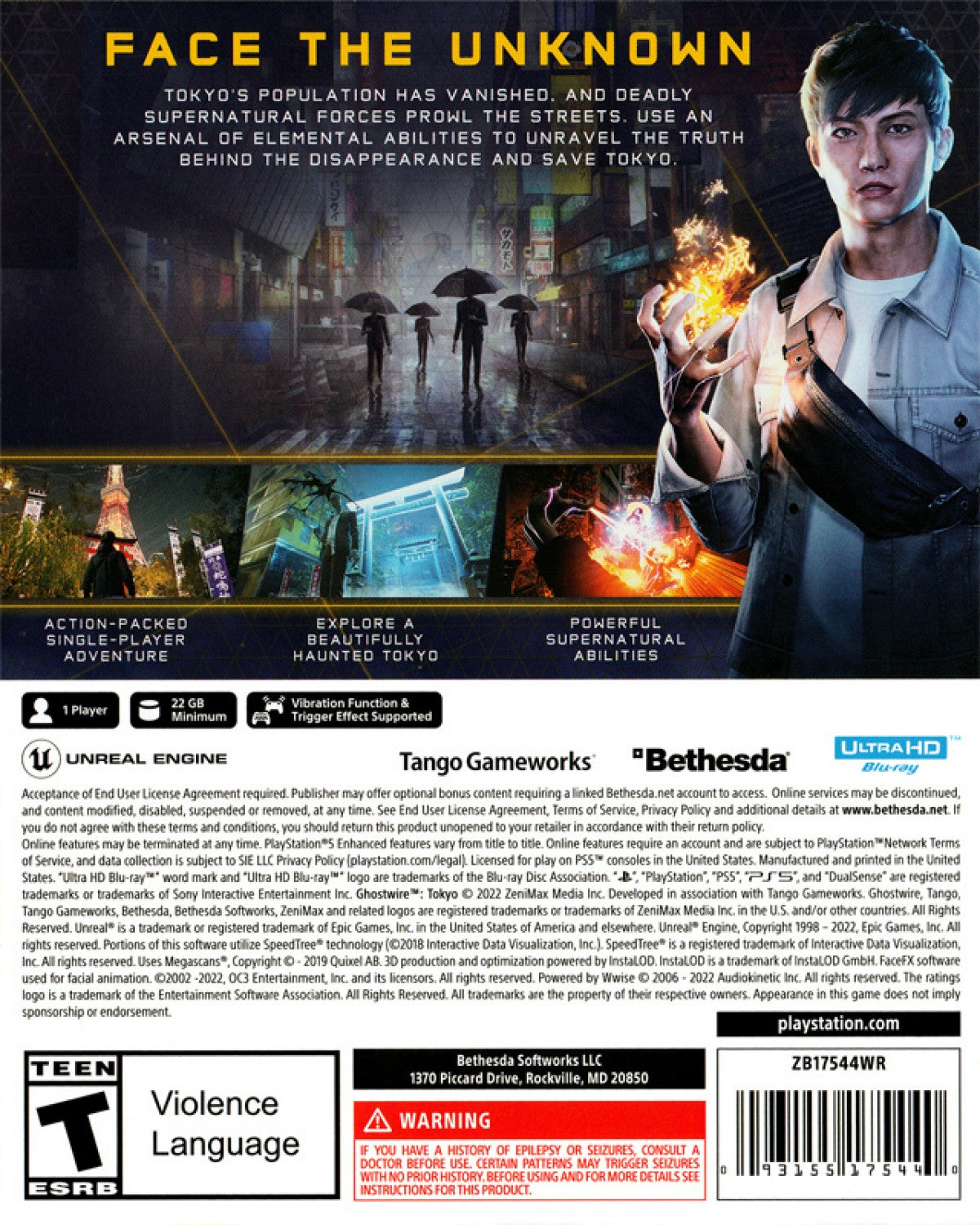 Ghostwire: Tokyo for PS5 featuring supernatural action-adventure gameplay in a visually striking urban Tokyo setting back cover art