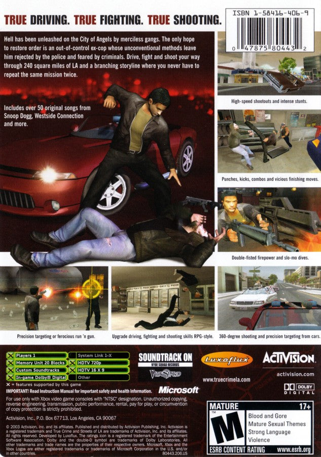 True Crime Streets of LA Xbox open-world action video game predecessor to Sleeping Dogs Los Angeles setting police detective Nick Kang branching morality system good cop bad cop choices driving shooting hand-to-hand combat licensed hip-hop soundtrack gang territories investigative missions Activision sandbox crime thriller back cover