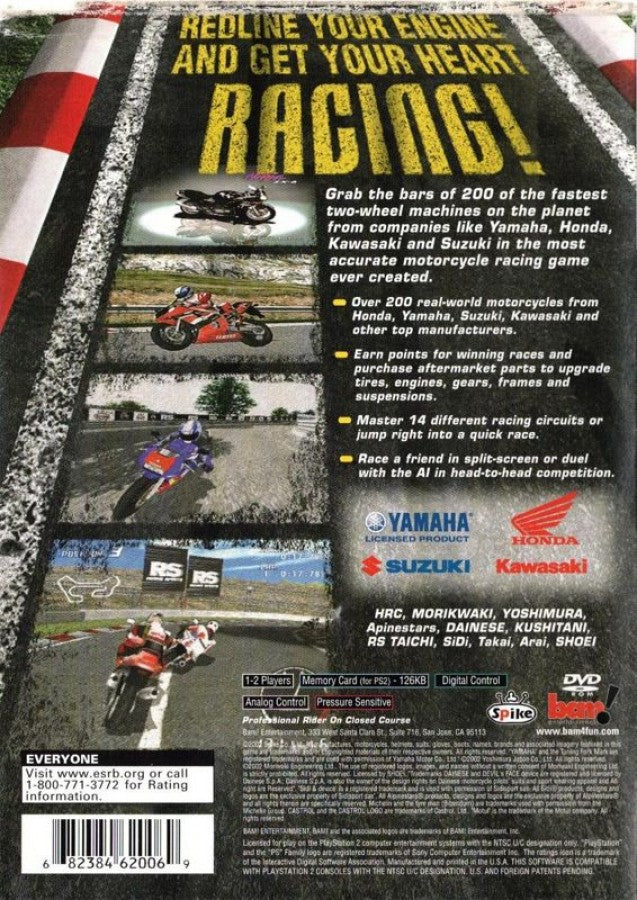 Riding Spirits – PlayStation 2 (PS2) video game back of case, motorcycle racing simulation game.