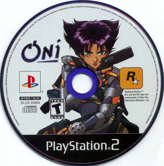 Oni for PlayStation 2 third person action game featuring futuristic cyberpunk setting martial arts combat shooting missions anime inspired story gameplay disc