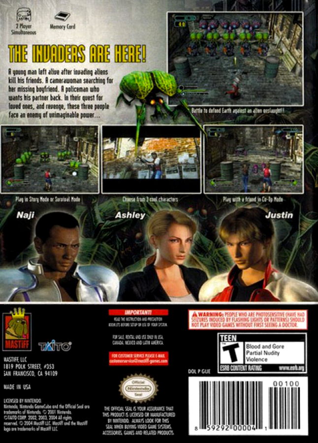 Space Raiders GameCube GC video game, arcade-style shooter, space combat adventure, action gameplay, multiplayer, Nintendo GameCube title back cover