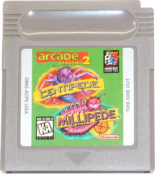 Arcade Classic 2 Centipede and Millipede for Game Boy, cartridge for an arcade shooter compilation video game with fast-paced insect blasting gameplay, score-based challenges, and retro action