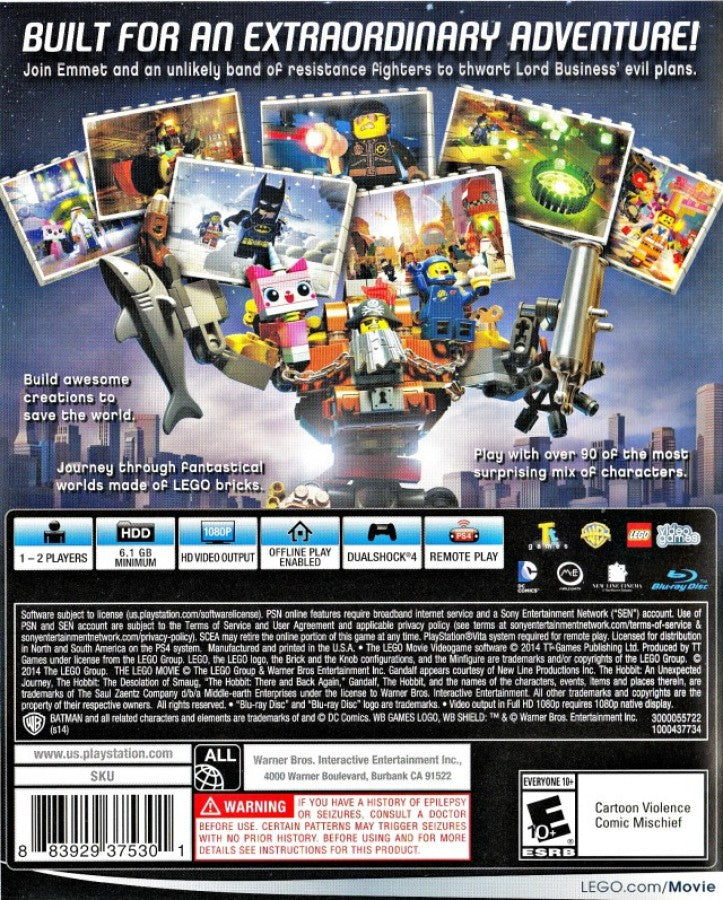 LEGO Movie Videogame PlayStation 4 (PS4) action adventure video game back of case