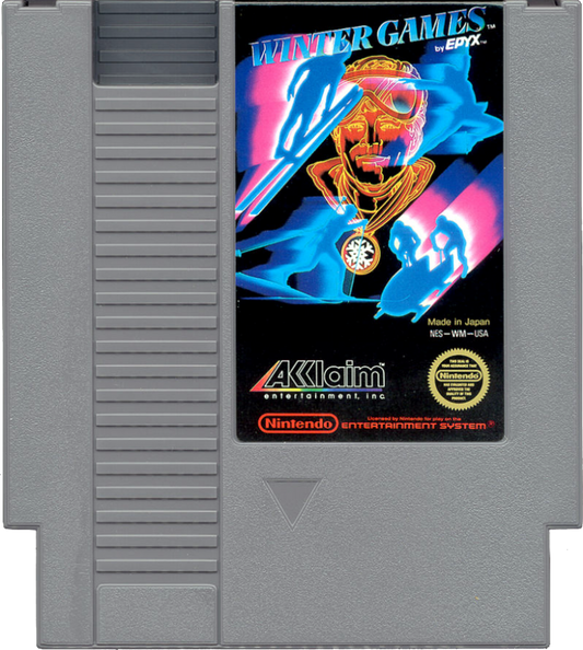 Winter Games cartridge for the Nintendo Entertainment System featuring 8 bit winter sports action including skiing skating bobsledding and snowboarding events with single and multiplayer competition cartridge