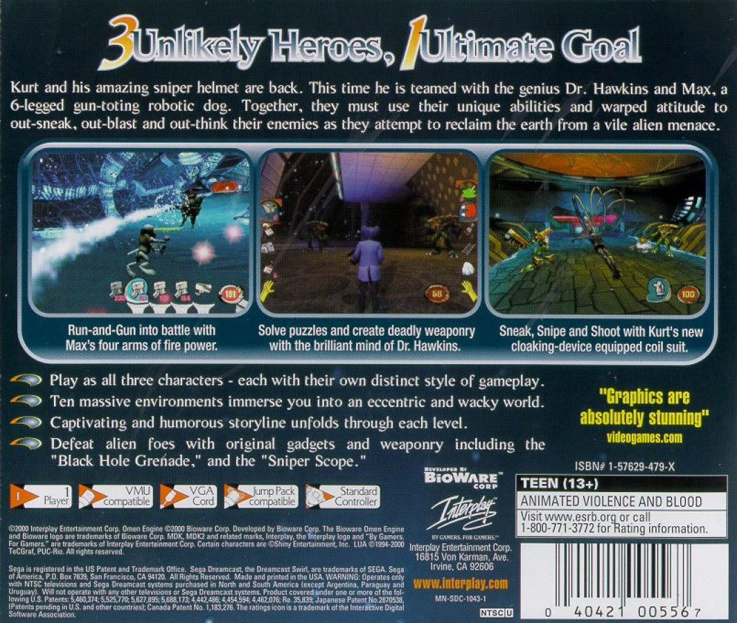 MDK 2 Sega Dreamcast retro video game third person shooter back of case