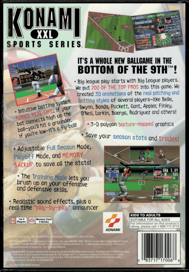 MLBPA: Bottom of the 9th back of case for PlayStation 1 (PS1) retro baseball video game