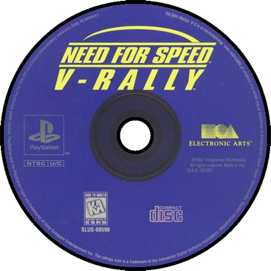 Need for Speed V-Rally for PlayStation 1 racing video game featuring rally style tracks licensed cars arcade handling time trials and classic Need for Speed off road racing experience disc