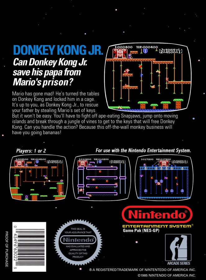 Donkey Kong Jr 5 Screw Nintendo Entertainment System NES video game featuring classic arcade platforming gameplay Donkey Kong Jr character climbing vines jumping between platforms fruit collecting key grabbing obstacles avoiding Snapjaws and enemies rescuing Donkey Kong from Mario and classic 8 bit Nintendo arcade action retro video game collection collectible gaming appeal back cover art