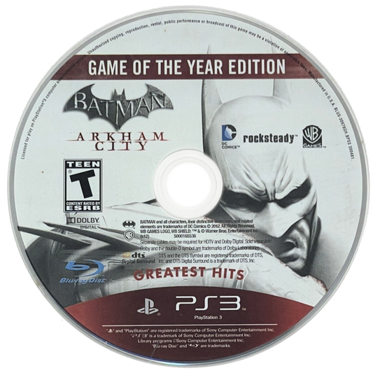 Batman Arkham City Game of the Year Edition Greatest Hits PlayStation 3 PS3 video game featuring Batman action adventure gameplay open world exploration stealth combat missions Gotham City villains and iconic DC Comics characters retro video game PlayStation 3 collection collectible gaming appeal game disc