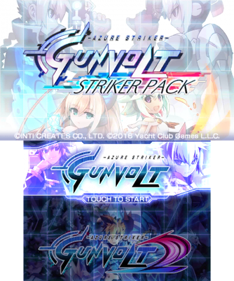 Azure Striker Gunvolt: Striker Pack start screen for Nintendo 3DS (3DS) action platformer video game