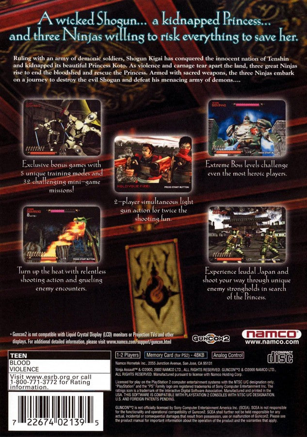 Ninja Assault PS2 Sony PlayStation 2 arcade light gun shooter Namco GunCon compatible ninja themed rail shooter fast paced target shooting mini game style action co op arcade gameplay retro gaming PlayStation 2 software video game title back cover art