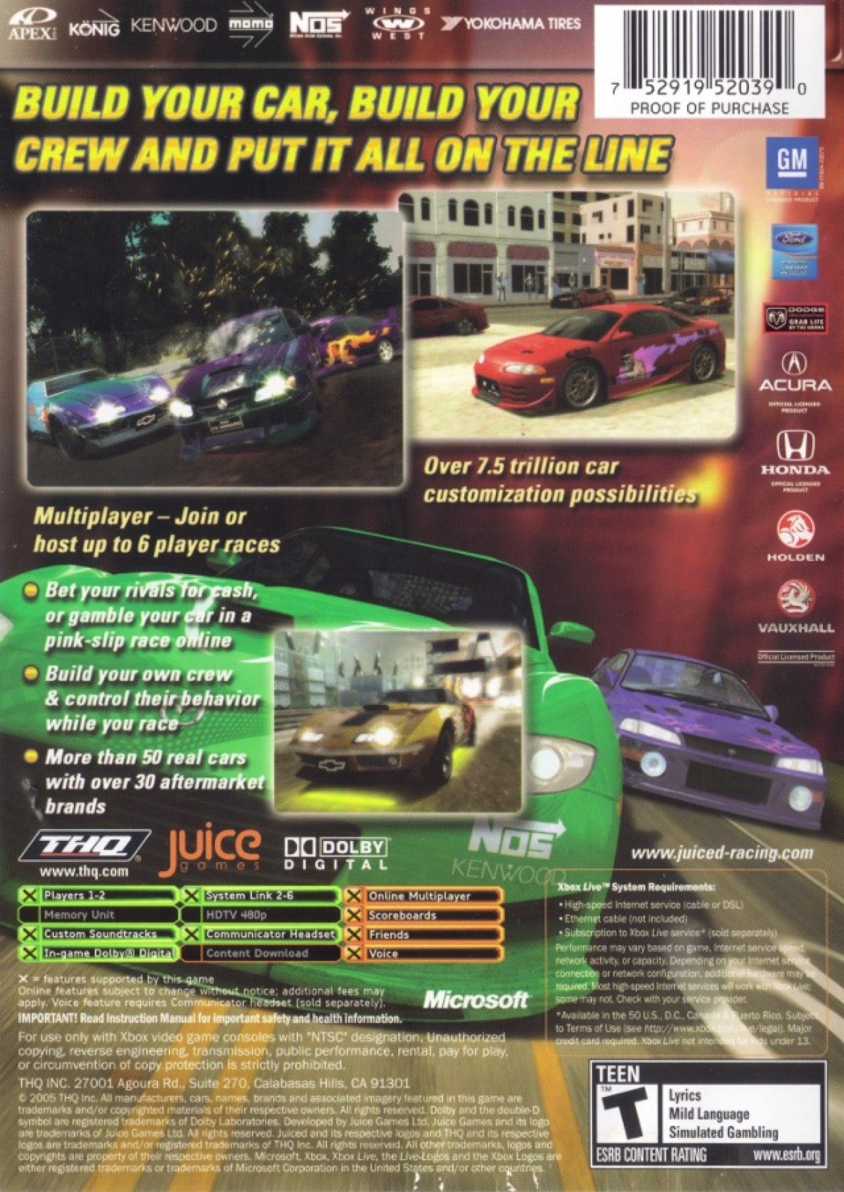 Juiced Xbox XBOX for racing video game fans featuring import street racing customizable cars performance upgrades competitive circuit events arcade and simulation driving styles licensed vehicles multiplayer racing action collectible gaming appeal back cover art