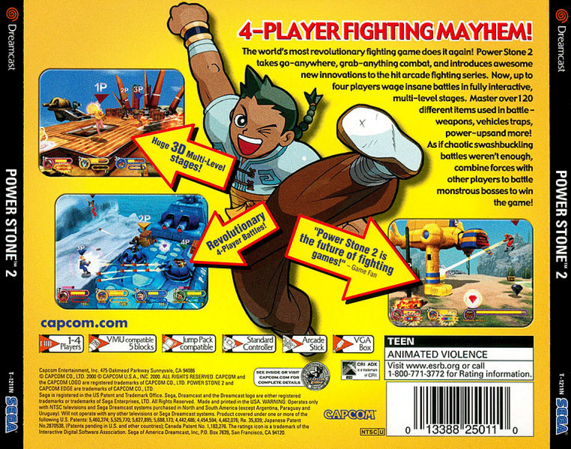 Power Stone 2 Dreamcast featuring 3D arena fighting gameplay with colorful characters and dynamic battle stages back cover art