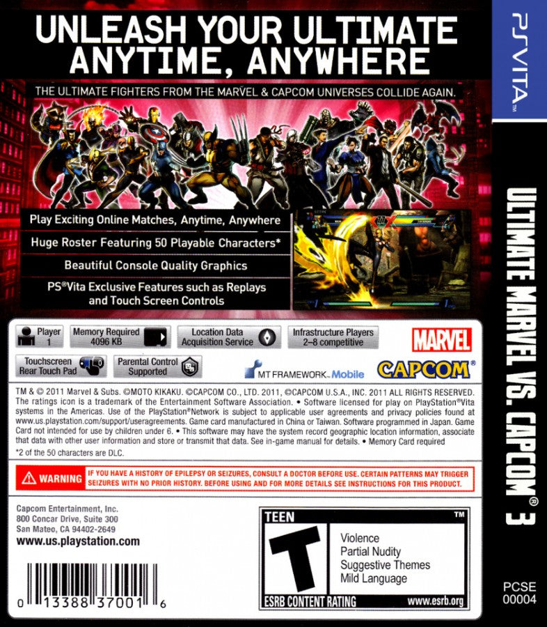 Ultimate Marvel vs Capcom 3 PlayStation Vita PS VITA back of case for retro video game enthusiasts featuring fast paced crossover fighting gameplay iconic Marvel and Capcom character roster combo heavy combat mechanics tag team battles colorful arcade style visuals and portable competitive fighting game experience and collectible gaming appeal