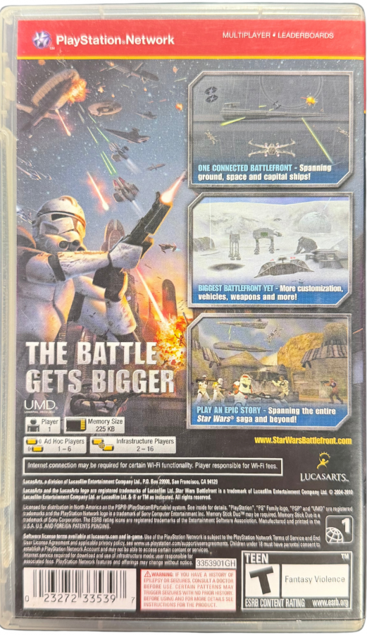 Star Wars Battlefront Elite Squadron Greatest Hits PlayStation Portable PSP for action shooter video game fans featuring large scale Star Wars battles space and ground combat customizable characters multiplayer gameplay iconic vehicles cinematic missions Rebel and Imperial warfare collectible gaming appeal back cover art