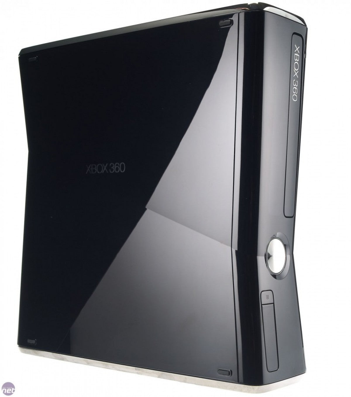 Xbox 360 Slim console system 250GB, Xbox 360 S model, Microsoft gaming console, built-in Wi-Fi, home entertainment system front left shine shot with xbox 360 on side