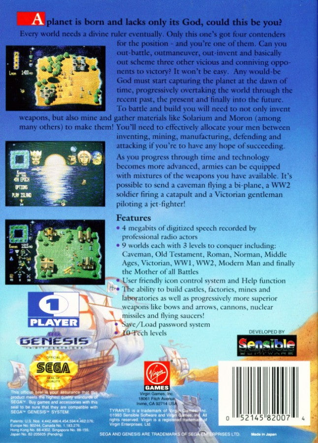 Tyrants Fight Through Time back cover art for Sega Genesis GEN video game