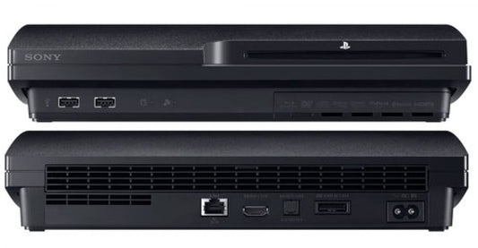 Front view of a Sony PS3 Slim console showing the disc slot, power and eject buttons, and logo.
Rear view of a Sony PS3 Slim console showing power input, AV and HDMI ports, Ethernet port, and ventilation grilles.