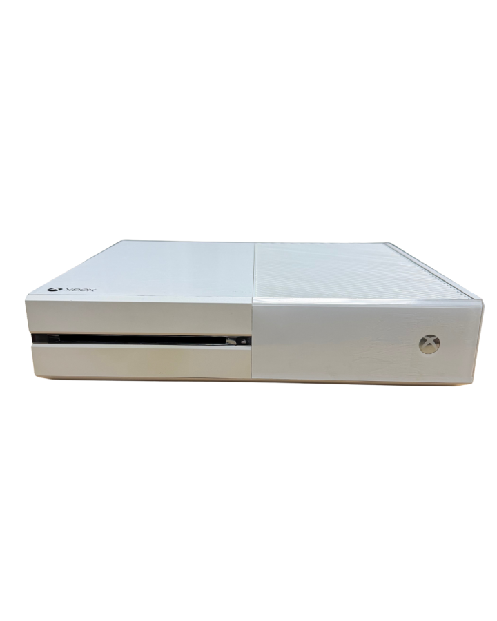 Front top view of the original Xbox One white edition console showing power button and disc slot