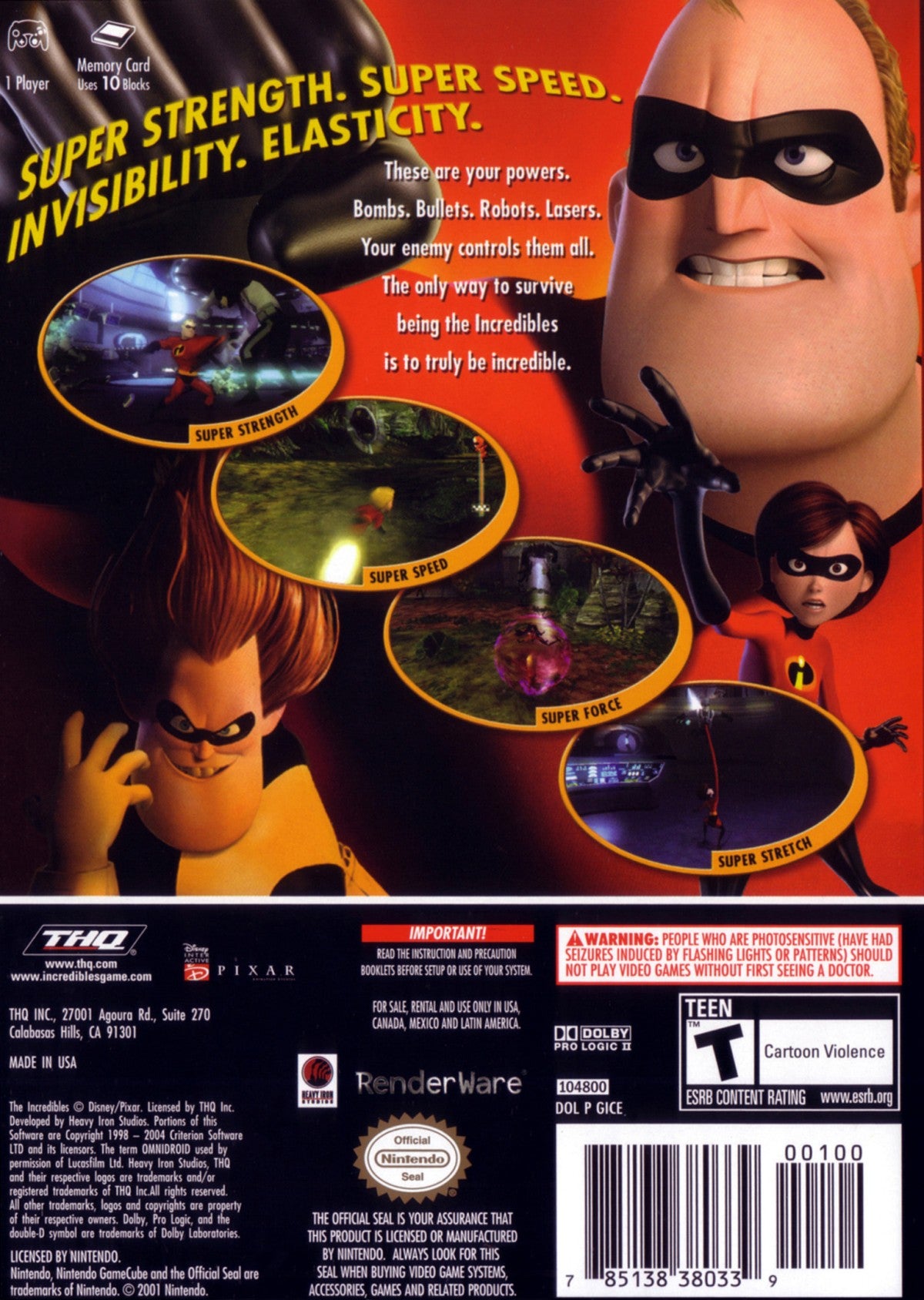 Disney Pixar The Incredibles Nintendo GameCube GC action adventure video game featuring the Incredible family superhero characters Mr Incredible Elastigirl Violet Dash and Jack-Jack superpowers combat enemies action-packed missions city exploration and classic Nintendo GameCube GC gameplay collectible retro gaming appeal back cover art