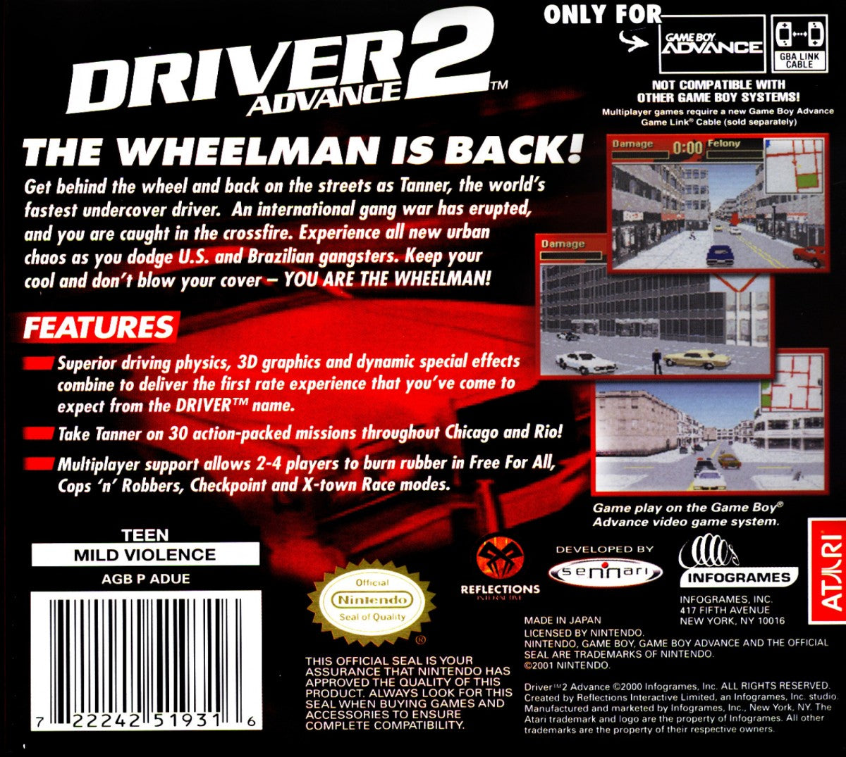 Driver 2 Advance for Game Boy Advance, back of case for an action driving video game with mission-based gameplay, open city environments, vehicle chases, and crime-themed challenges