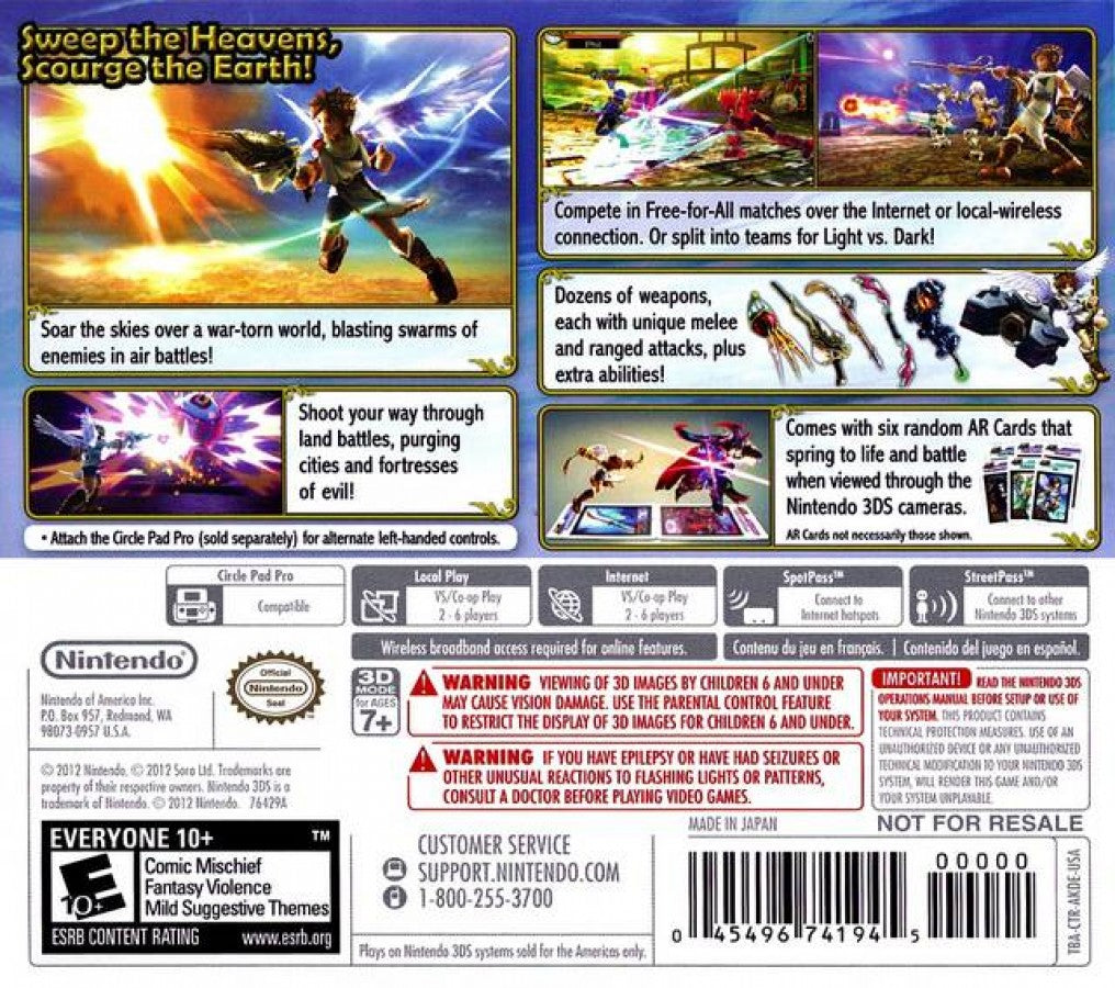Kid Icarus: Uprising back cover art for Nintendo 3DS (3DS) video game