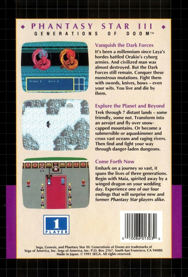 Phantasy Star III: Generations of Doom back cover art for Sega Genesis (GEN) video game