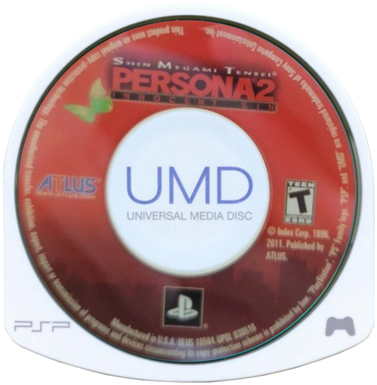 Persona 2 Innocent Sin UMD for the PlayStation Portable featuring turn based RPG gameplay with demon negotiation character driven storytelling and supernatural mystery in a modern Japanese city setting disc