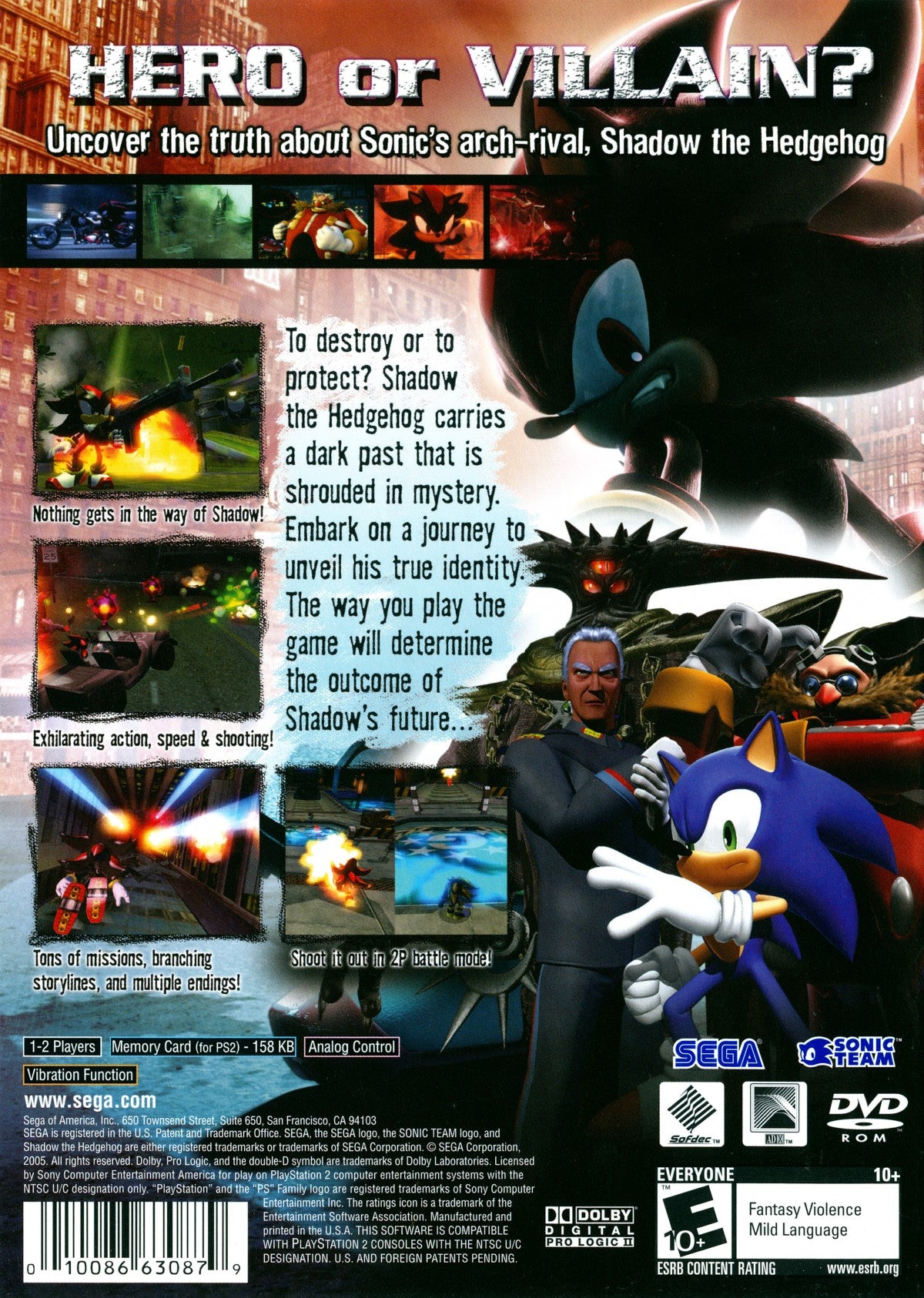Shadow the Hedgehog PlayStation 2 PS2 for retro video game enthusiasts featuring action platforming gameplay high speed exploration third person shooting branching story paths multiple endings iconic Sonic universe adventure and collectible gaming appeal back cover