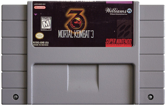 Mortal Kombat 3 Super Nintendo Entertainment System SNES video game, fighting action, arcade-style combat, classic Mortal Kombat franchise title cartridge