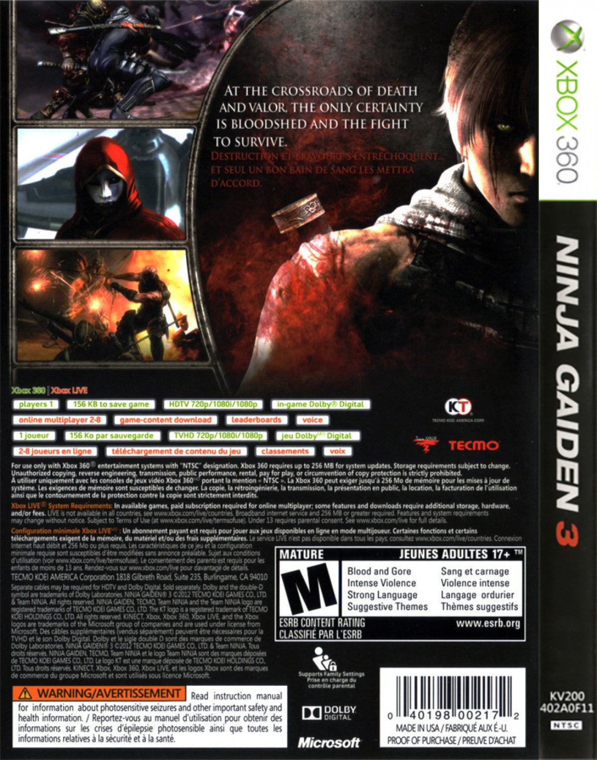 Ninja Gaiden 3 Xbox 360 video game featuring intense hack and slash action fast paced combat brutal ninja gameplay cinematic story and classic Team Ninja action adventure title back cover