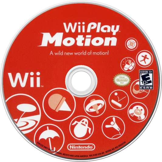 Wii Play Motion disc art for Nintendo Wii (Wii) featuring motion‑controlled mini‑games that showcase the Wii Remote Plus, with playful activities like ice cream balancing, stone skipping, and ghost hunting.