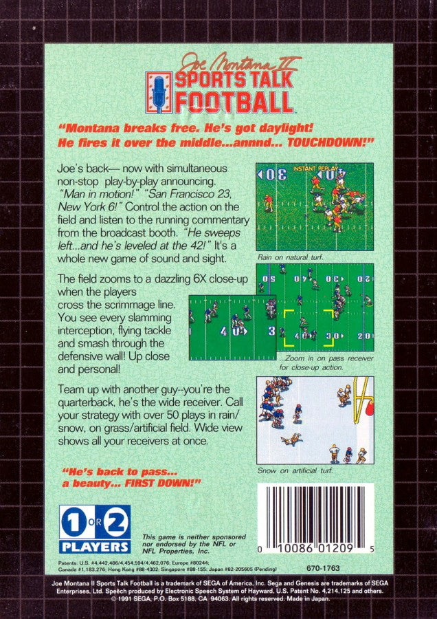 Joe Montana II Sports Talk Football back cover art for Sega Genesis (GEN) video game
