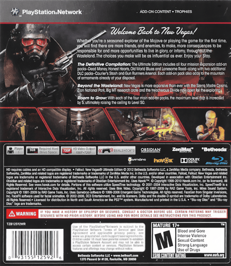 Fallout: New Vegas back cover art for PlayStation 3 (PS3) video game