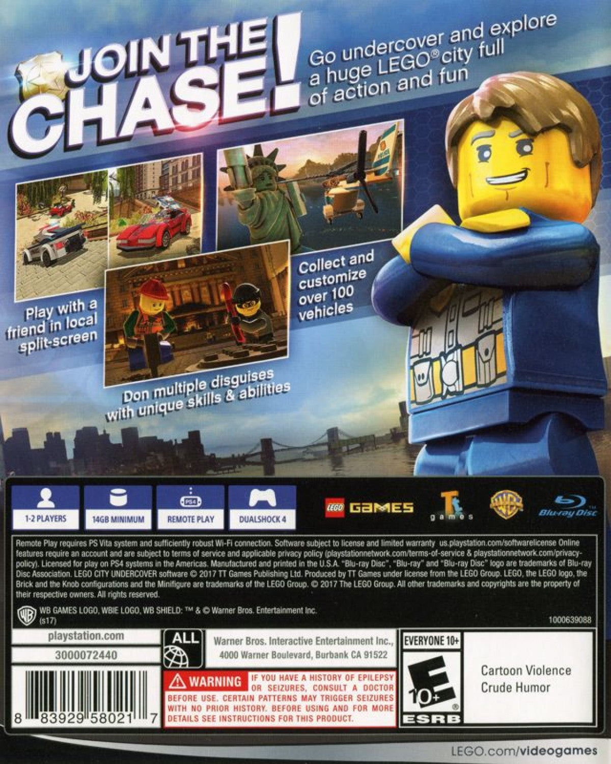 LEGO City Undercover PlayStation 4 open-world action-adventure video game brick-building humor Chase McCain undercover police officer free roam LEGO city driving disguises back cove art