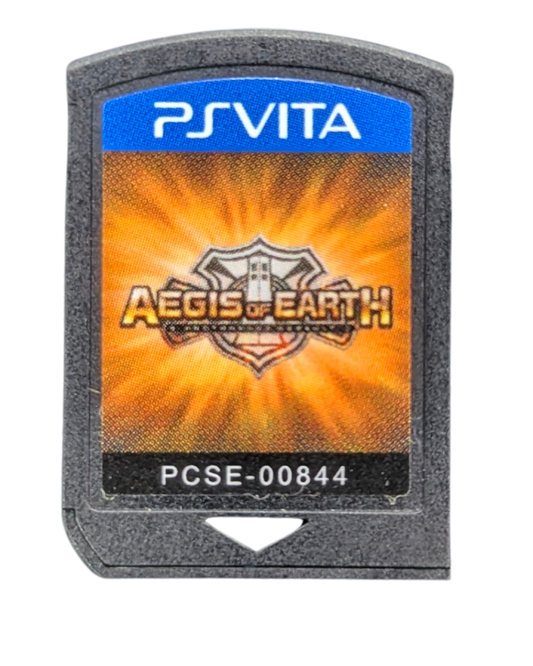 Aegis of Earth: Protonovus Assault cartridge art for PlayStation Vita video game, action strategy tower defense, sci-fi mech combat, handheld console title