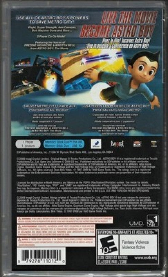 Astro Boy The Video Game PlayStation Portable PSP for action platforming video game fans featuring fast paced side scrolling gameplay flying combat powerful robot abilities anime inspired adventure boss battles futuristic environments classic Osamu Tezuka character collectible gaming appeal back cover art