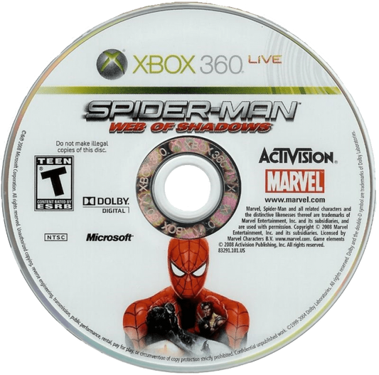 Spider-Man: Web of Shadows disc for Xbox 360 (X360) action-adventure superhero video game