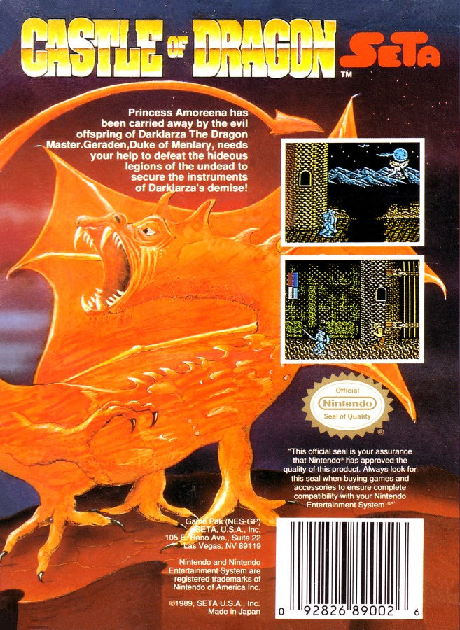 Castle of Dragon Nintendo Entertainment System NES video game featuring medieval action gameplay knight combat sword fighting castle exploration enemy battles challenging stages fantasy adventure and classic 8 bit gameplay retro video game collection collectible gaming appeal back cover art