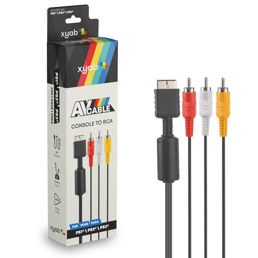 XYAB brand AV video cable compatible with PlayStation 1, PlayStation 2, and PlayStation 3 consoles for connecting to TV and transmitting audio and video signals