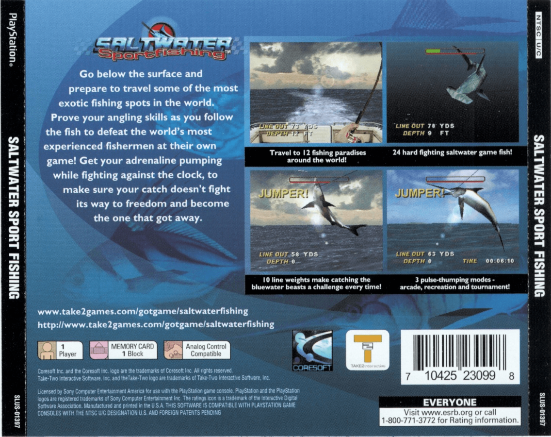 Saltwater Sport Fishing back of case for PlayStation 1 (PS1) fishing simulation video game